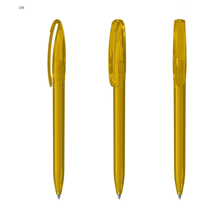 A set of transparent yellow plastic pens with clips, showcasing three different angles. Each pen has a sleek design.