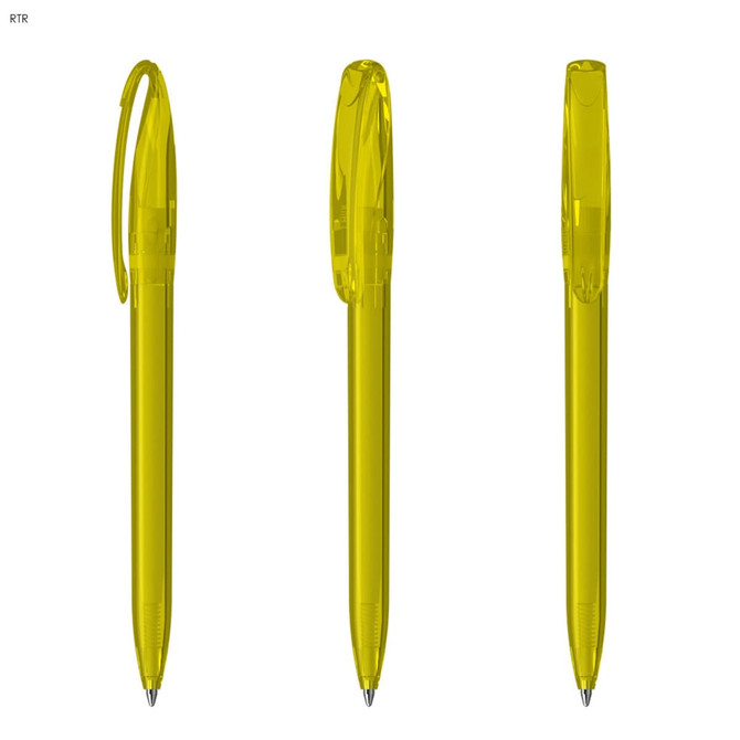 A set of transparent yellow plastic pens with a clip and click mechanism, featuring a smooth barrel design.