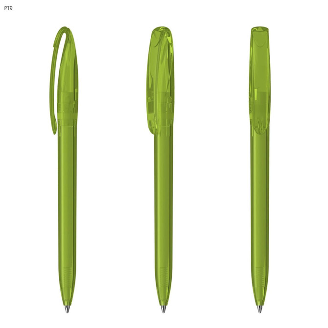A set of plastic pens in vibrant green, featuring a transparent design and a logo on the side.