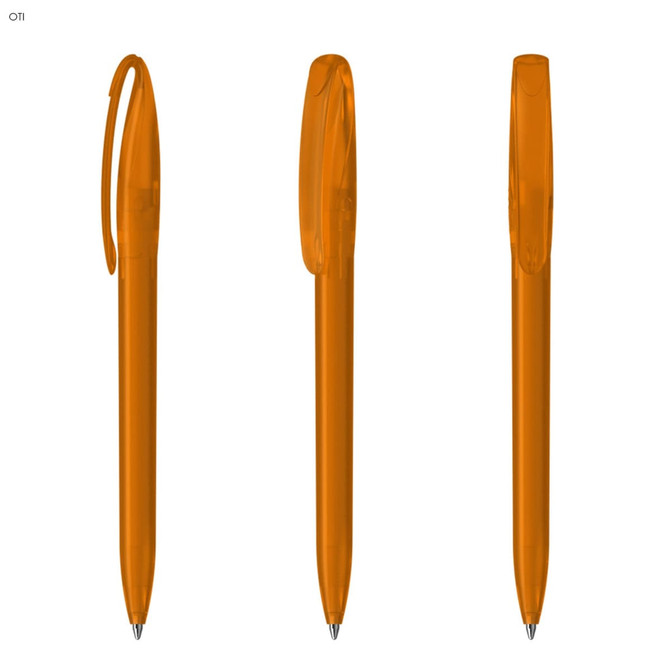 Three orange plastic pens with a clear design and a clip on top, showcasing different angles of the product.