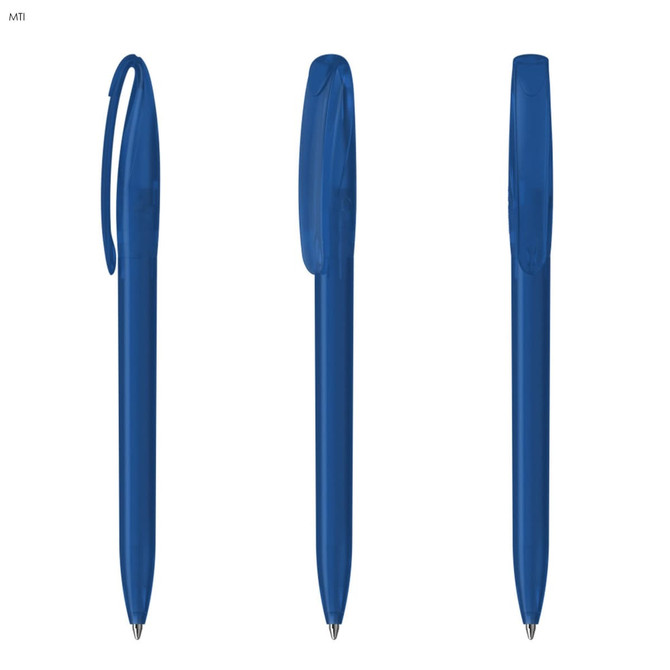 A set of blue plastic pens displayed from different angles, featuring a clip and smooth barrel design.