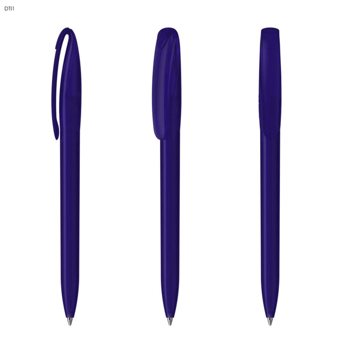 A set of three purple plastic pens with a cap and a clip, featuring a simple design and shiny finish.
