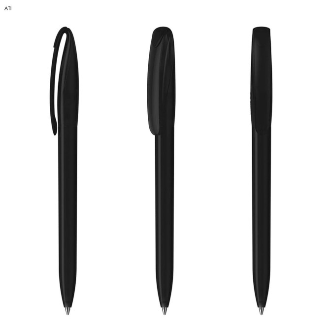 A set of three black plastic pens with a sleek design and a clip on one side. Each pen has a cap.