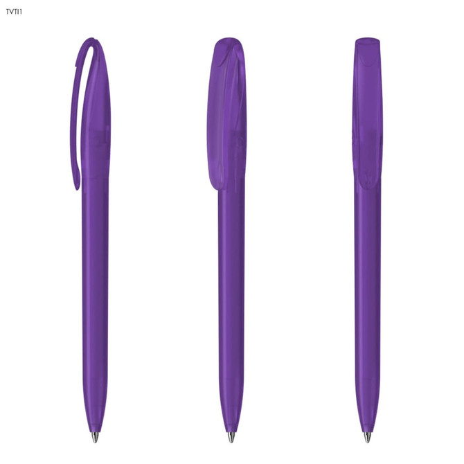 A set of three purple plastic pens with a clip and smooth design, featuring a logo on each pen.