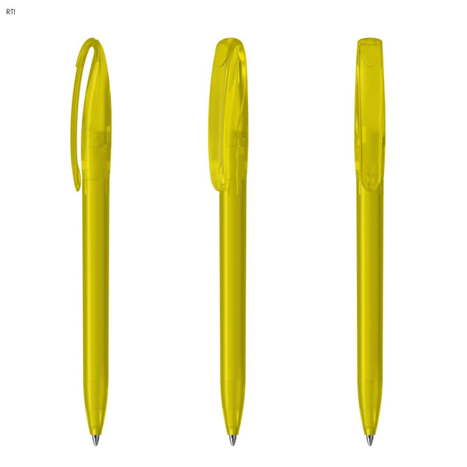 A set of bright yellow plastic pens with clips, showcasing different angles of the design.