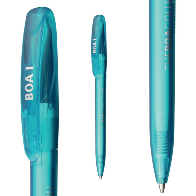 A plastic pen in a translucent aqua colour with a logo. It features a click mechanism and a rounded tip.
