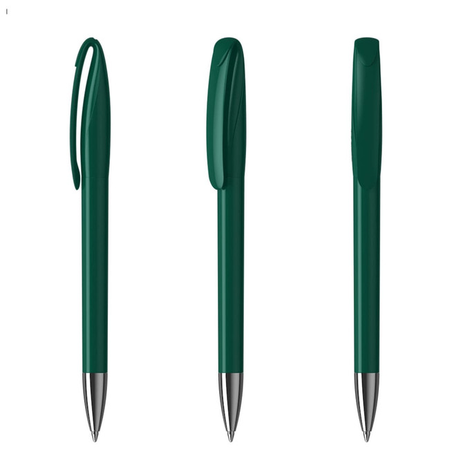 A set of green plastic pens with a clip and a smooth barrel design, featuring a metallic tip.