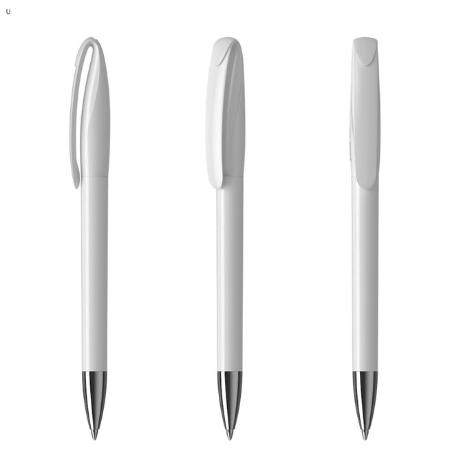 A set of three white plastic pens with silver tips and a simple design, featuring a logo on one pen.
