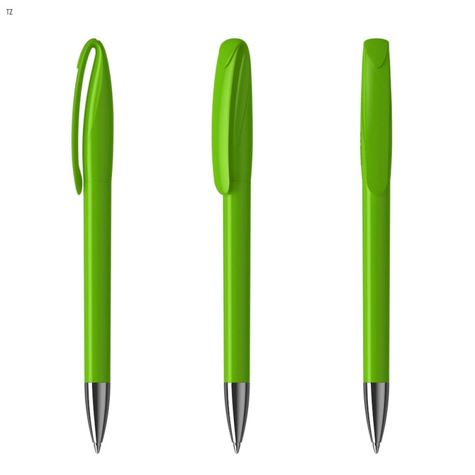 A green plastic pen with a sleek design and a clip, showcasing three angles of the product.