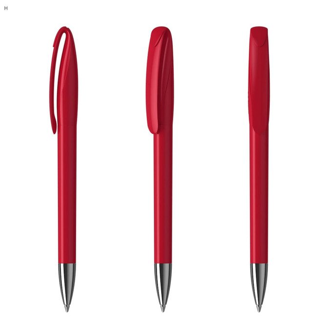 A set of red plastic pens with a shiny silver tip, displayed from three different angles. The pens feature a branding logo.
