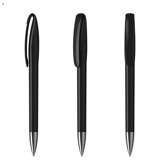 Three sleek black plastic pens with silver tips, featuring a pocket clip and smooth contours. Each pen is shown from a different angle.