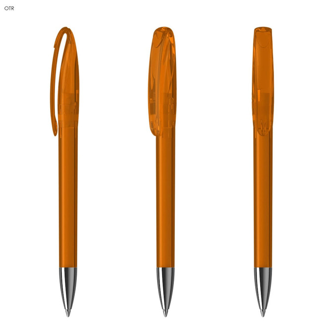 Three transparent orange plastic pens with silver tips, featuring a clip at the top.