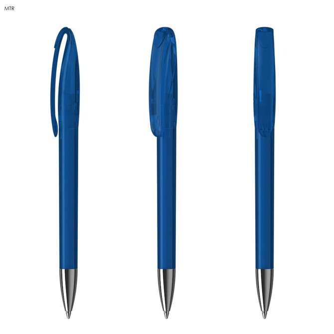 A set of transparent blue plastic pens with a clip and silver tips, featuring branding on the barrel.