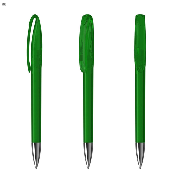 A green plastic pen with a transparent cap and chrome nib, featuring a logo.