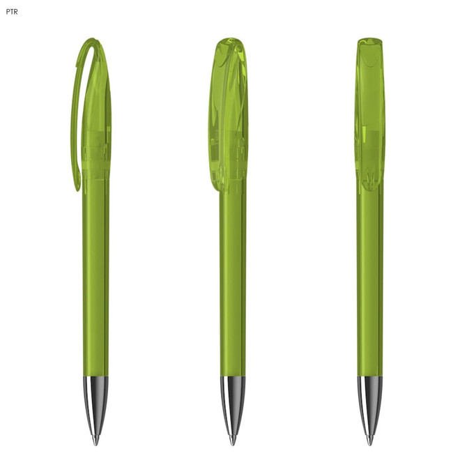 A series of transparent green plastic pens with a clip and silver accents. The pens are arranged in different orientations.