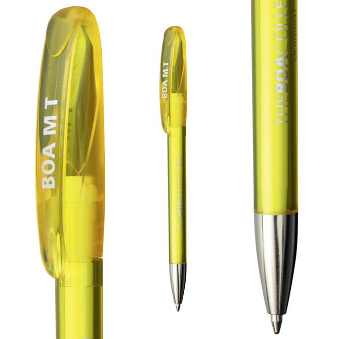 A yellow transparent plastic pen with a silver tip and an embedded logo.