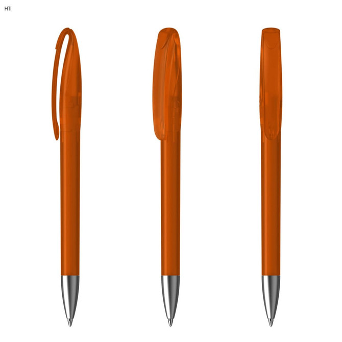 A plastic pen in vibrant orange with a clip and a silver point, featuring a branding logo on the barrel.
