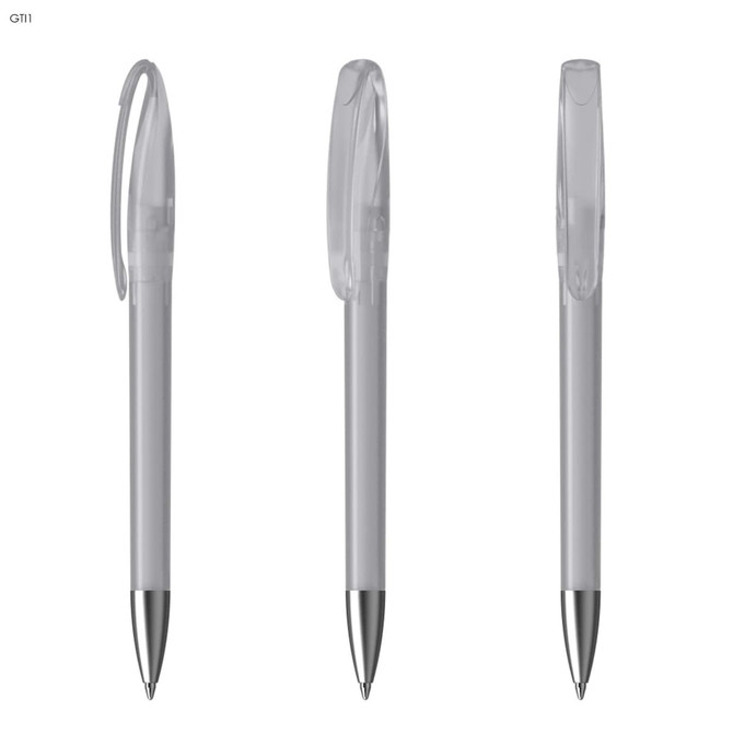 A set of three clear plastic pens with silver accents and clip attachments. Each pen is displayed from different angles.
