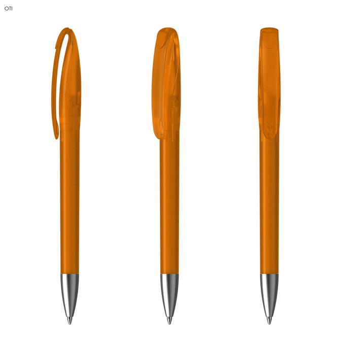 A set of three orange plastic pens with silver tips and a clip for easy attachment. Each pen has a transparent barrel.
