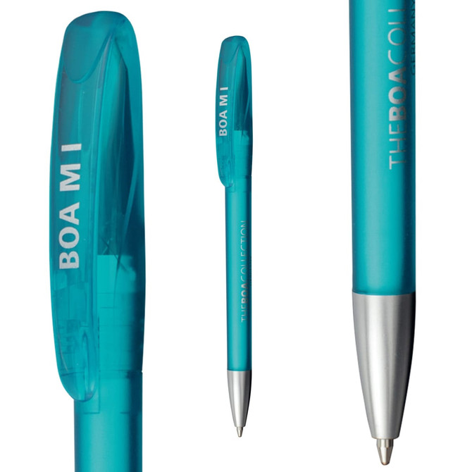 A plastic pen in a bright turquoise colour with a silver tip and clip, featuring a logo.