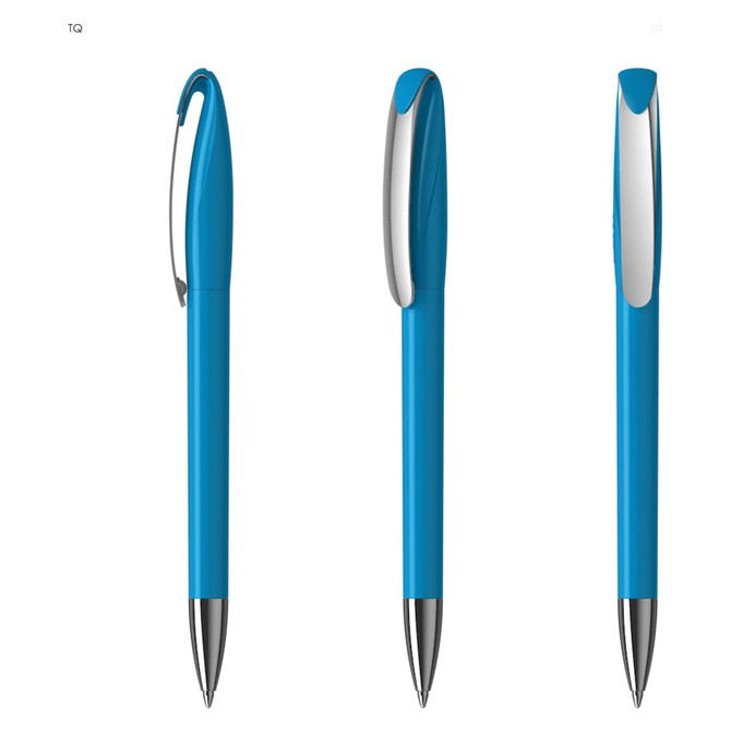 A blue plastic pen with a shiny silver clip and tip, displayed from three angles. Features a logo.