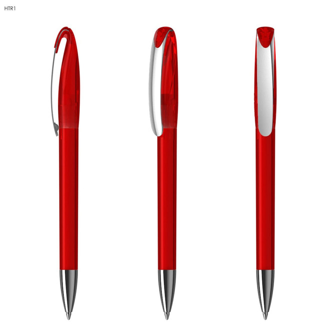 A red plastic pen with a transparent body, featuring a silver clip and tip. The pen is displayed from multiple angles.