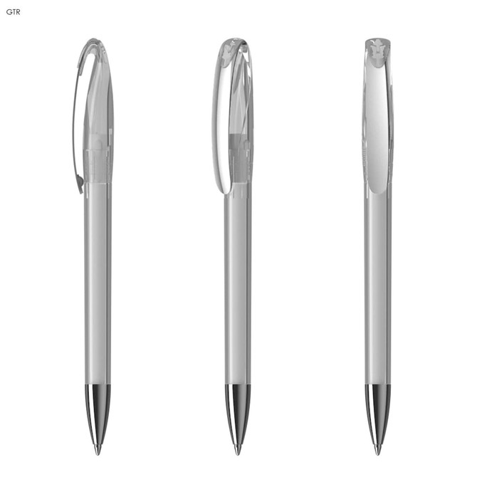 A set of transparent plastic pens with black ink and a clip, displayed from different angles. Each pen has a sleek design.