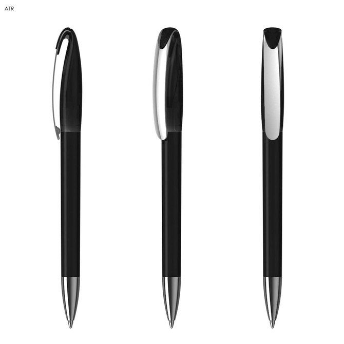 A black plastic pen with a shiny silver clip, shown from three different angles. It has a logo on the clip.