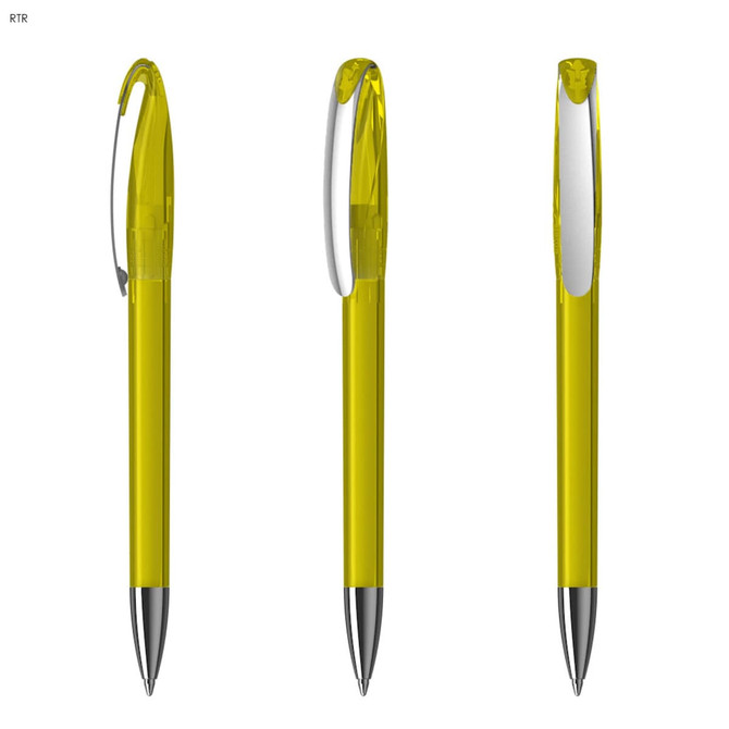 Transparent yellow plastic pen with a silver clip, displayed from multiple angles.
