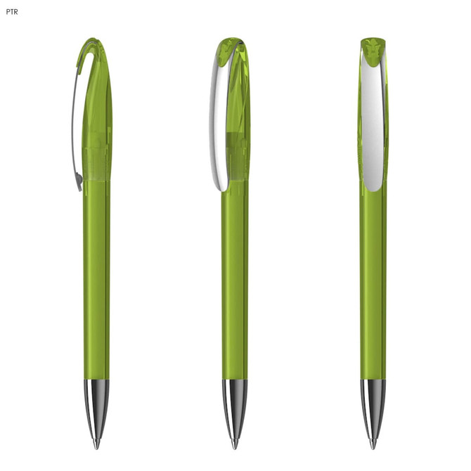 A green plastic pen with a transparent body and silver clip, displayed from multiple angles.