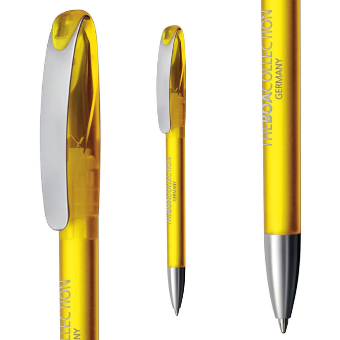 A yellow plastic pen with a silver clip and a branded logo, highlighted from different angles.
