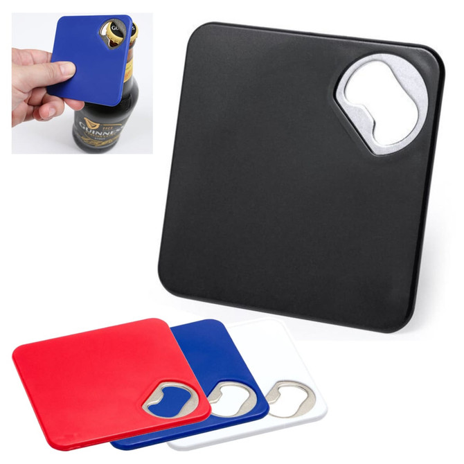 A drink bottle opener coaster in black, red, blue, and white, featuring a built-in metal bottle opener.