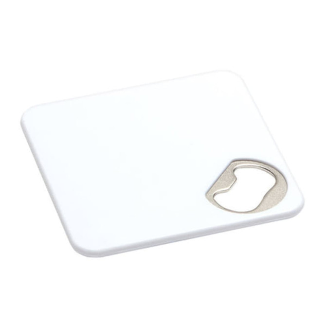 A drink bottle opener coaster in white featuring a metallic bottle opener cutout. It includes a logo.