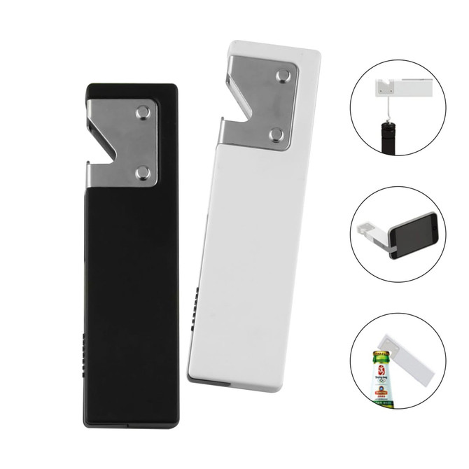 A drink bottle opener in black and white, featuring a sleek design and a built-in keyring attachment.