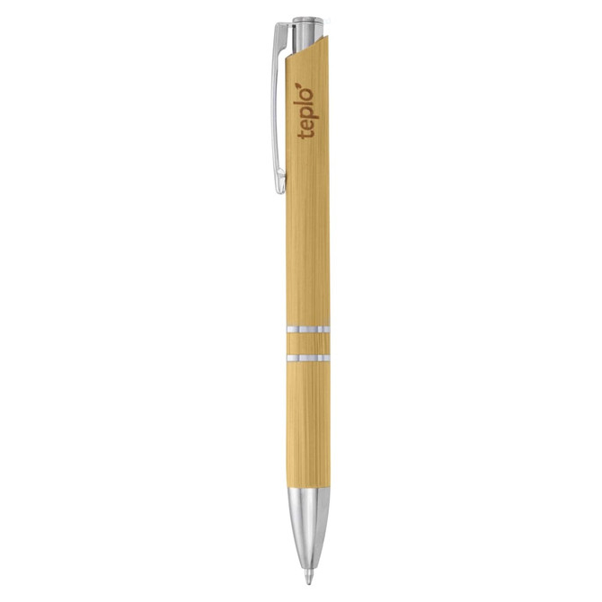 A bamboo pen in a light yellow colour with silver accents and a clip. It features a branding logo.
