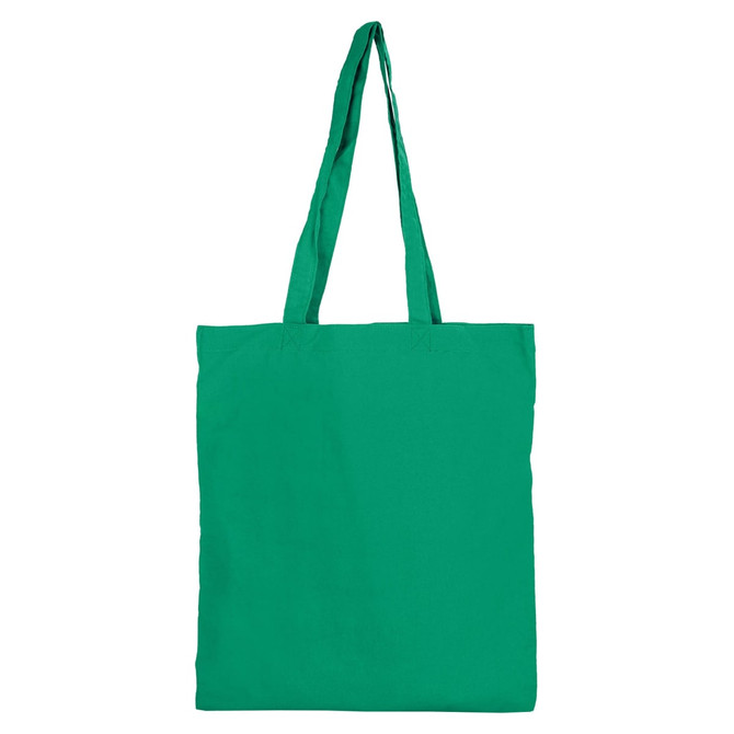 A green tote bag with long handles and no gusset, featuring a logo on the front.