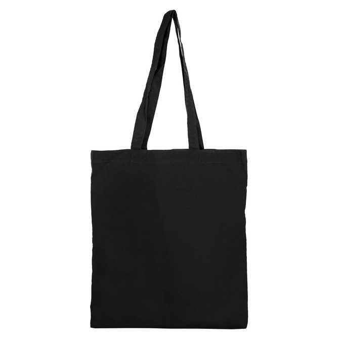 A black tote bag with long handles and no gusset, featuring a logo.