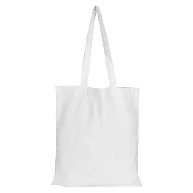A white tote bag with two handles and no gusset, featuring a simple design and a logo.