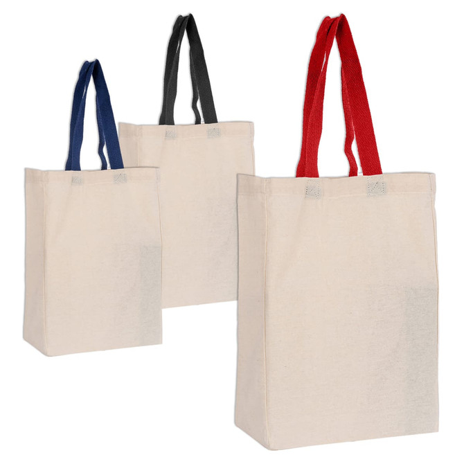 Three tote bags in cream with red, navy, and black straps. Each bag features a branding logo.