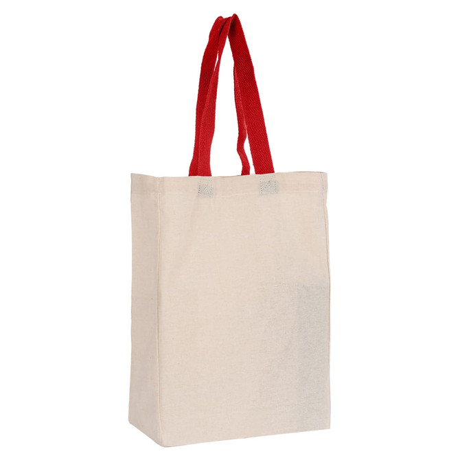 A natural-coloured tote bag with red handles, featuring a logo on one side.