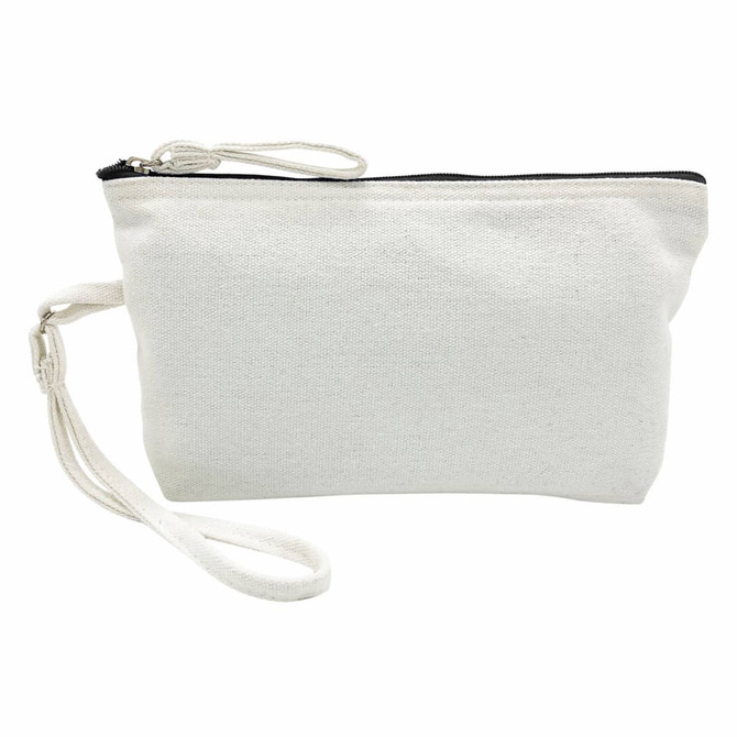 A cosmetic bag in white canvas with a black zipper and a detachable wrist strap. It features a logo on one side.
