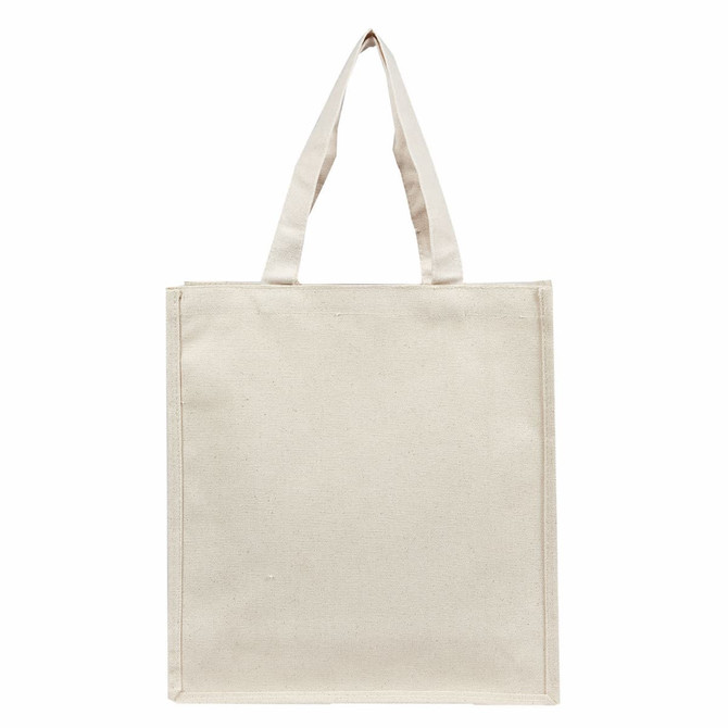 A plain cream canvas tote bag with two straps and a simple design. It features a branding logo.