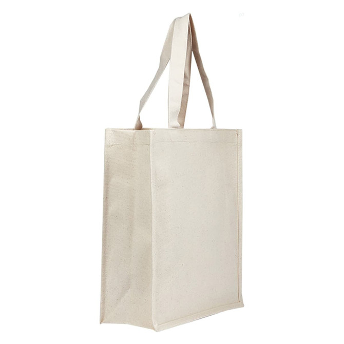 A light beige tote bag with two handles and a simple design, featuring a logo on one side.