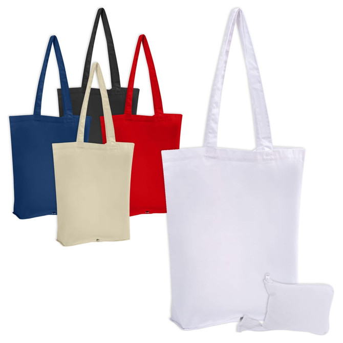 A foldable calico tote bag available in black, red, blue, cream, and white, accompanied by a small pouch.