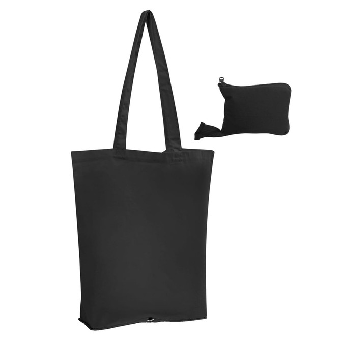 A foldable black calico tote bag next to its compact carrying pouch, featuring a logo.