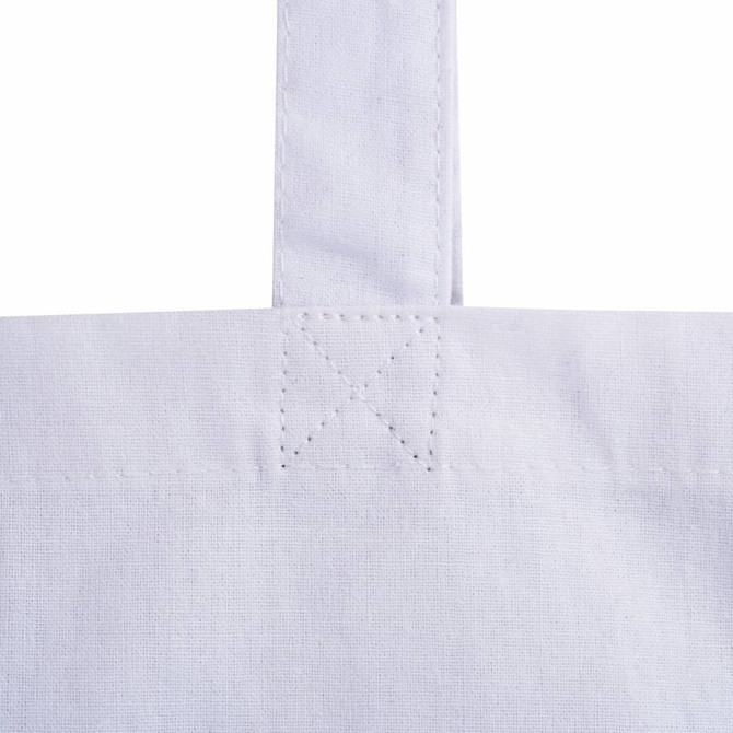 A foldable calico bag in white featuring stitching details and a simple strap design. It includes a logo.