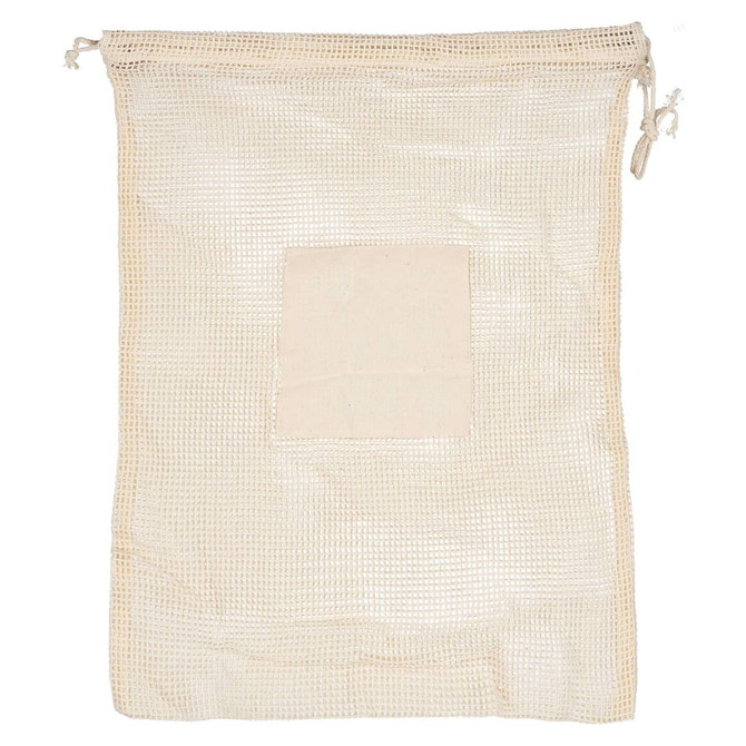 A reusable mesh produce bag in cream colour with a plain patch and drawstring closure. Features a logo.