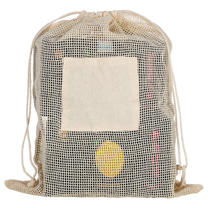 A reusable cotton mesh produce bag in cream, featuring a drawstring closure and a blank patch.