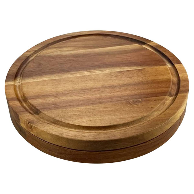 A wooden round cheeseboard featuring a smooth surface and a shallow groove along the edge, complete with a logo.