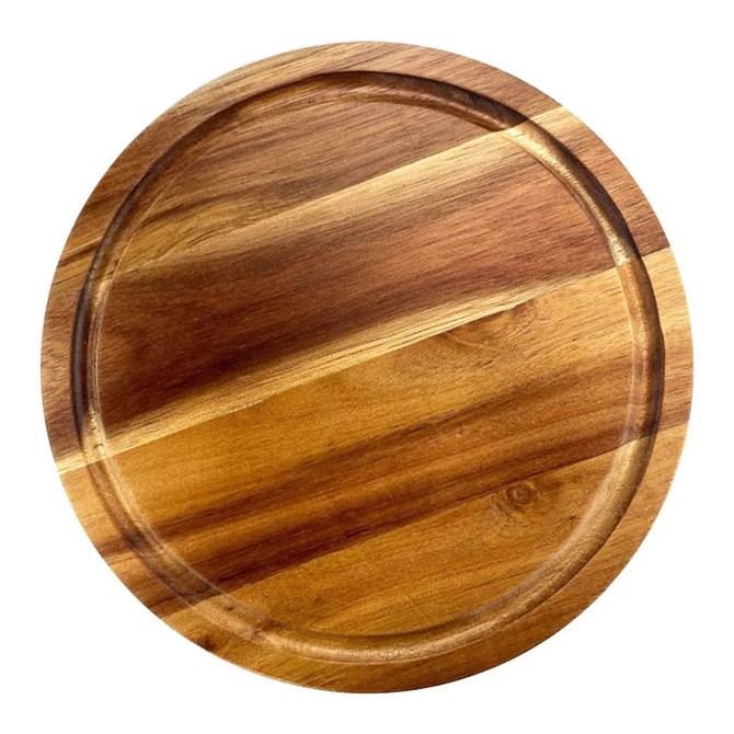 A round wooden cheeseboard with a smooth finish featuring a mix of light and dark wood tones.